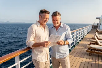Couple consultant une brochure de croisière à la proue d'un grand paquebot avec vue sur l'océan