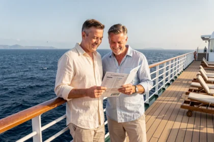Couple consultant une brochure de croisière à la proue d'un grand paquebot avec vue sur l'océan