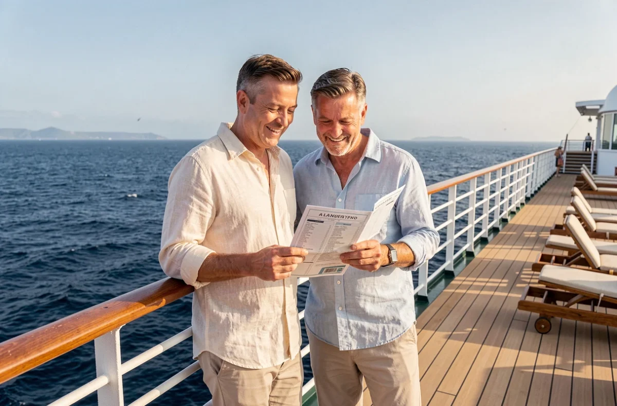 Couple consultant une brochure de croisière à la proue d'un grand paquebot avec vue sur l'océan