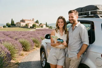 Couple préparant un road trip en France avec ViaMichelin sur smartphone devant un SUV chargé sur une route de campagne provençale