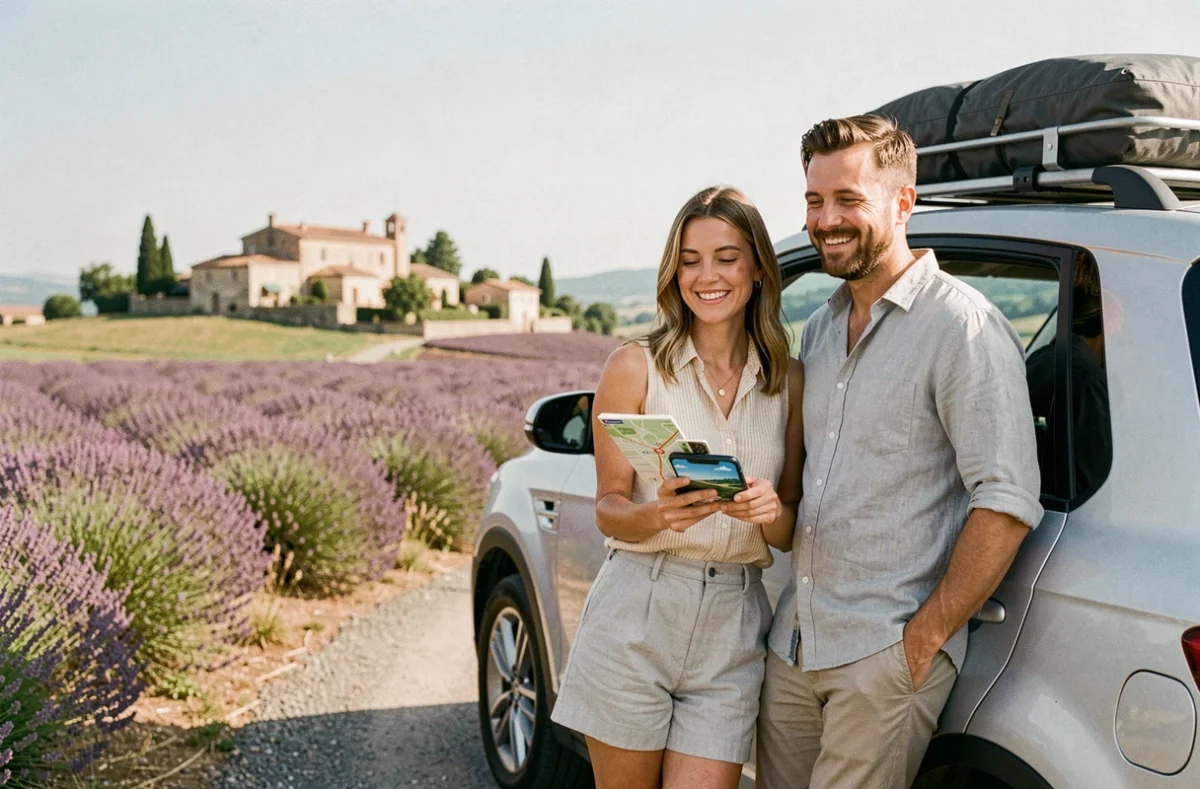 Couple préparant un road trip en France avec ViaMichelin sur smartphone devant un SUV chargé sur une route de campagne provençale
