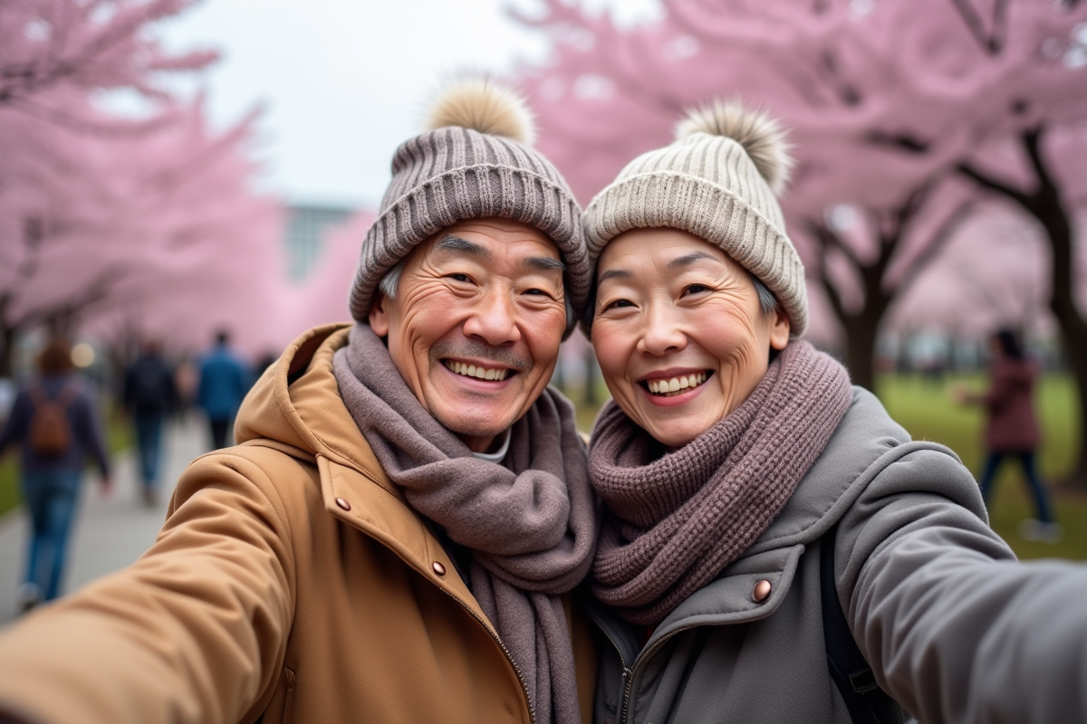 Couple âgé prenant un selfie devant cerisiers en fleurs