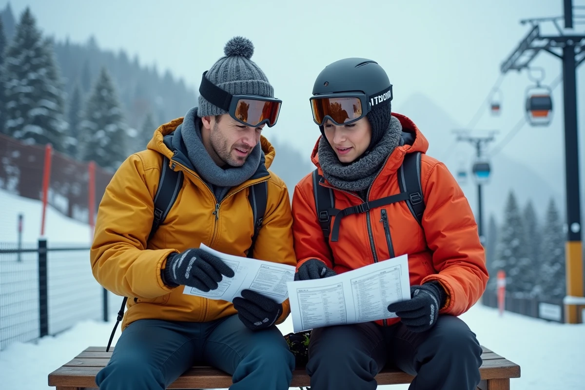 Couple de skieurs inquiets comparant des brochures de forfaits ski et des tarifs en station pour éviter les mauvaises surprises budgétaires