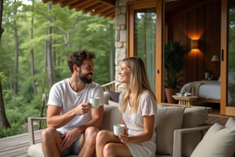 Couple souriant buvant un café sur une terrasse en nature