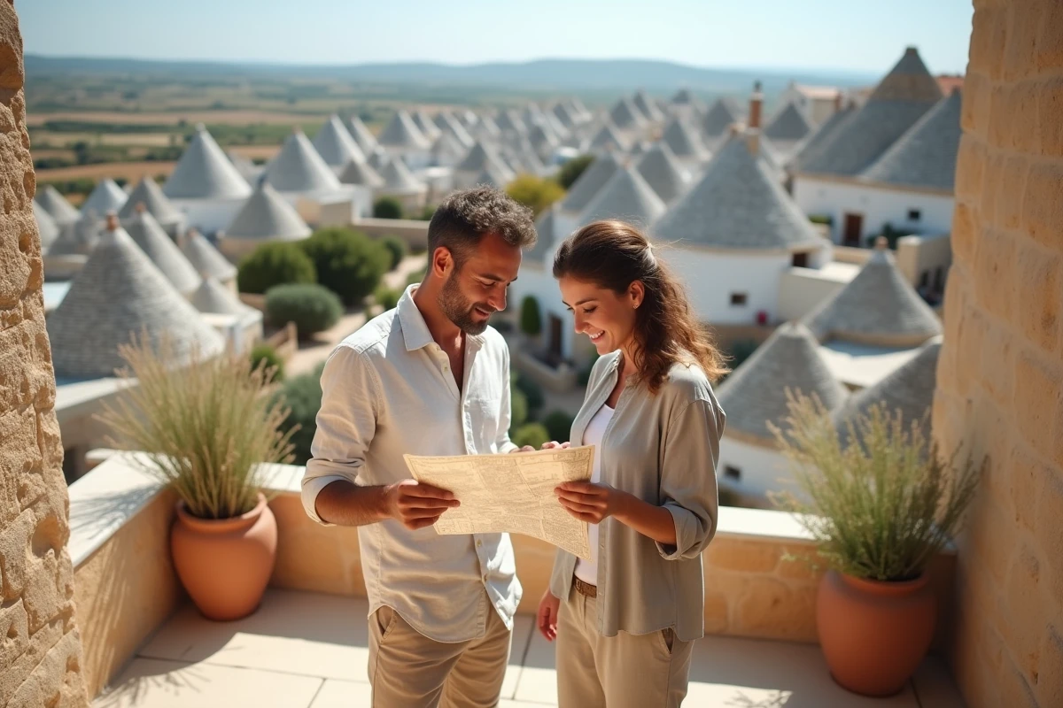Couple consultant une carte devant les maisons trulli d'Alberobello dans les Pouilles