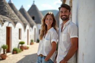Jeune couple souriant devant un trullo à Alberobello