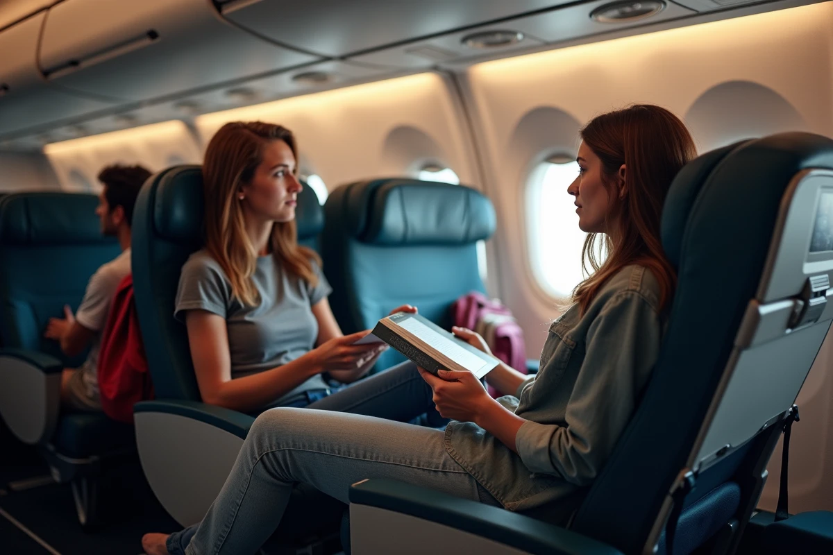 Jeune couple français relaxant en vol