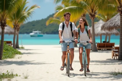 Couple souriant marchant avec vélos sur plage à Gili Air