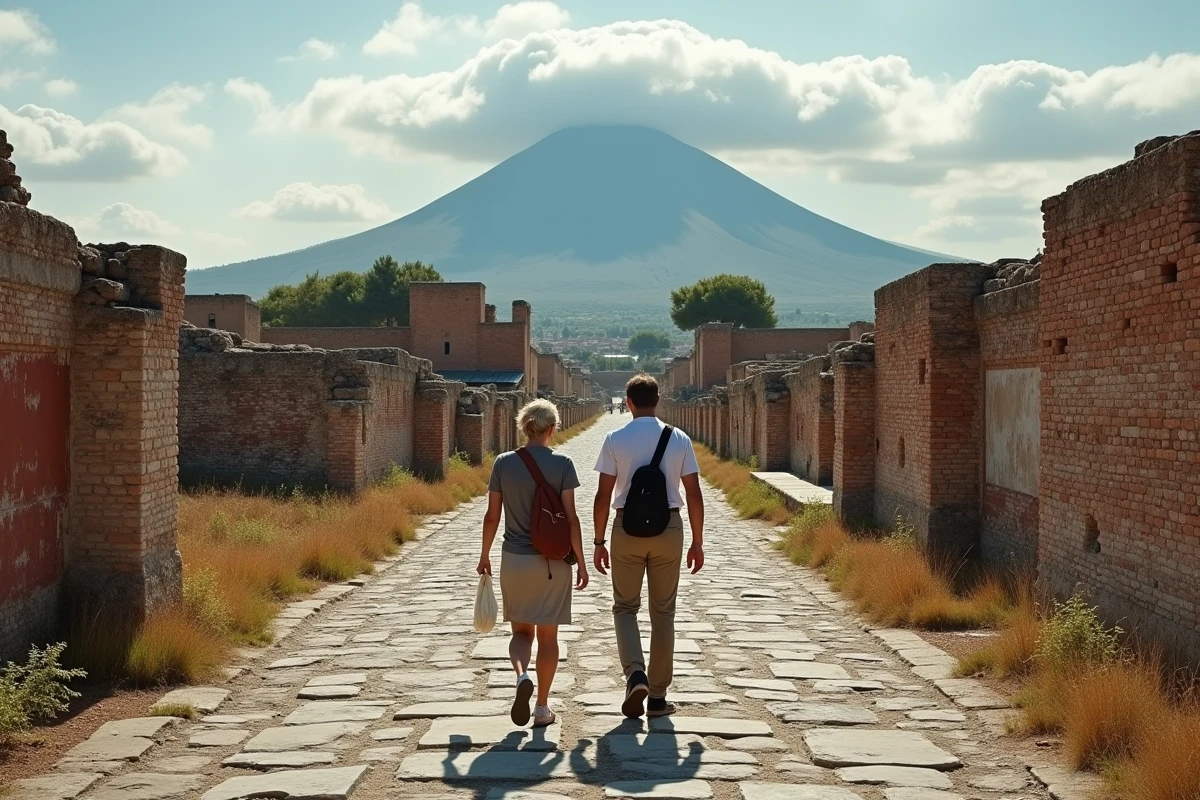 Couple de voyageurs explorant les ruines de Pompéi avec le Vésuve en arrière-plan, Italie