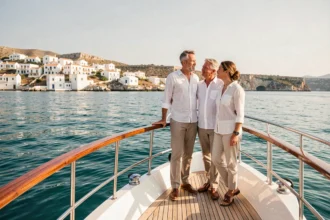 Couple élégant sur le pont avant d'un petit yacht de luxe face à une baie méditerranéenne
