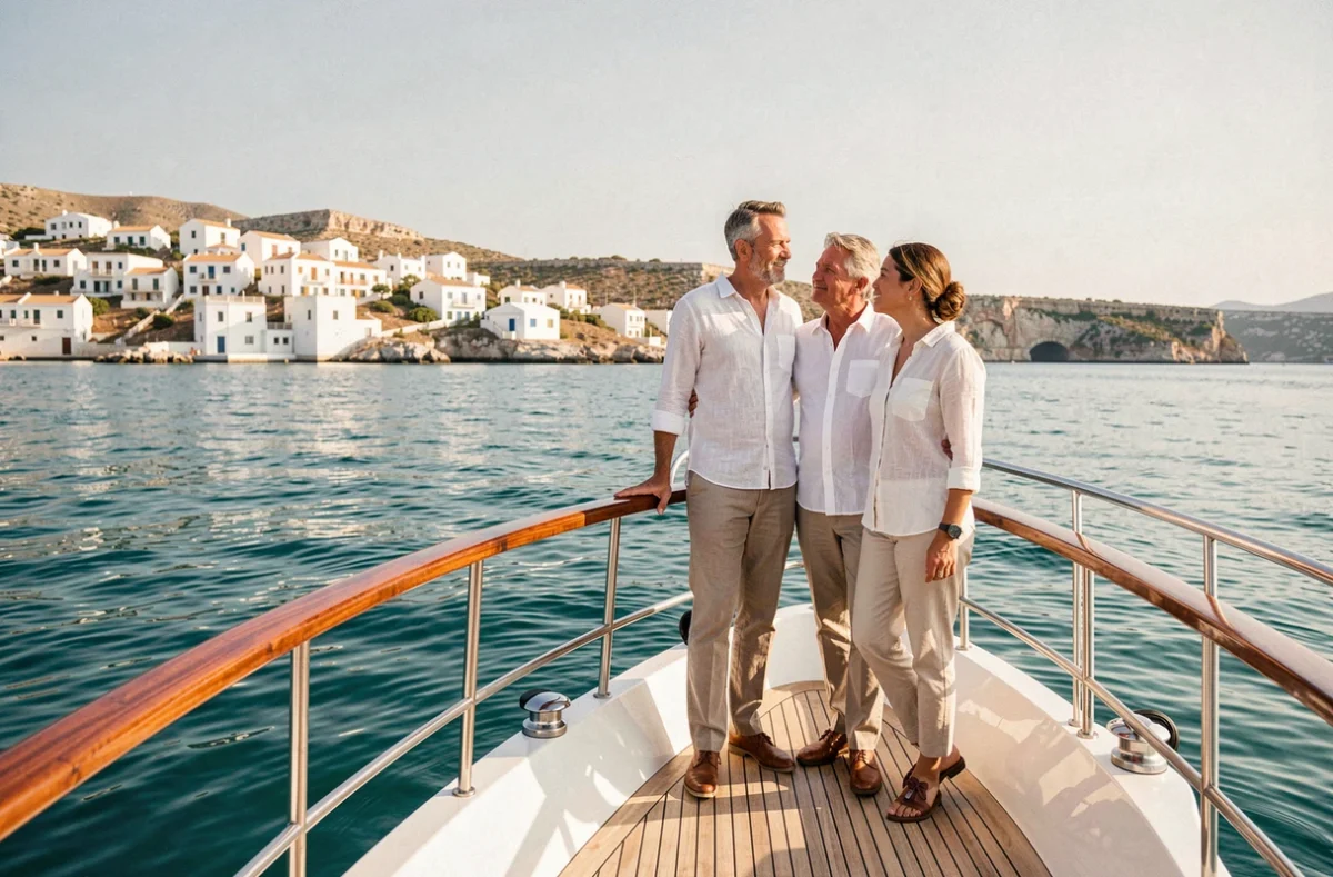 Couple élégant sur le pont avant d'un petit yacht de luxe face à une baie méditerranéenne