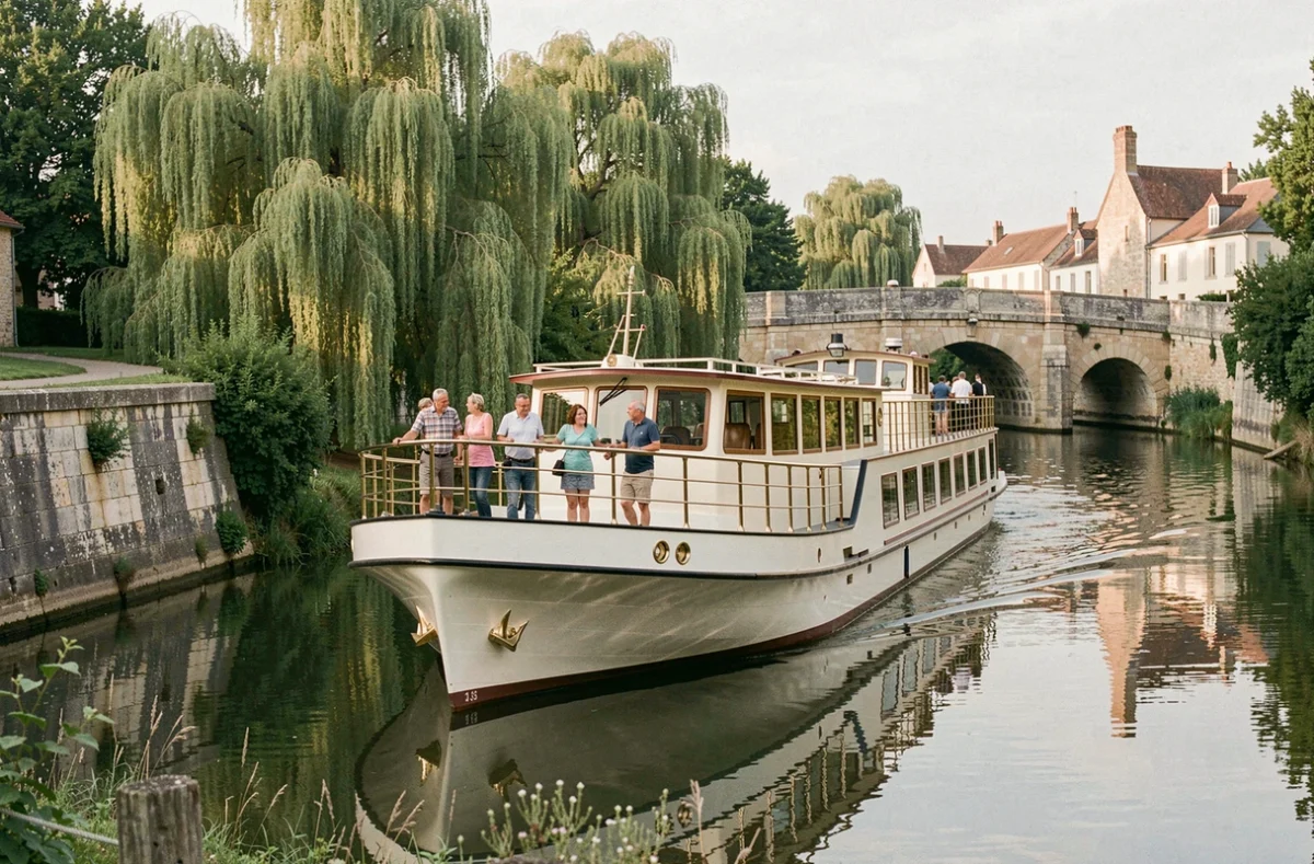 Bateau de croisière fluviale naviguant sur un canal français bordé de saules pleureurs et de ponts en pierre anciens