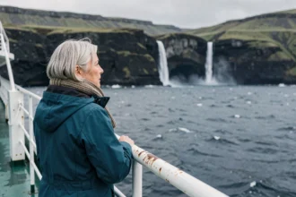 Passagère d'une croisière admirant les falaises volcaniques islandaises depuis le pont d'un navire d'expédition