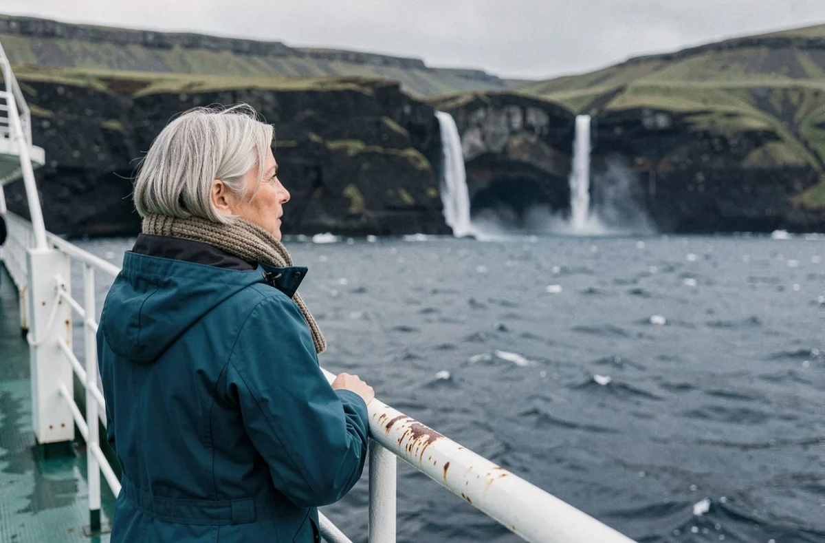 Passagère d'une croisière admirant les falaises volcaniques islandaises depuis le pont d'un navire d'expédition