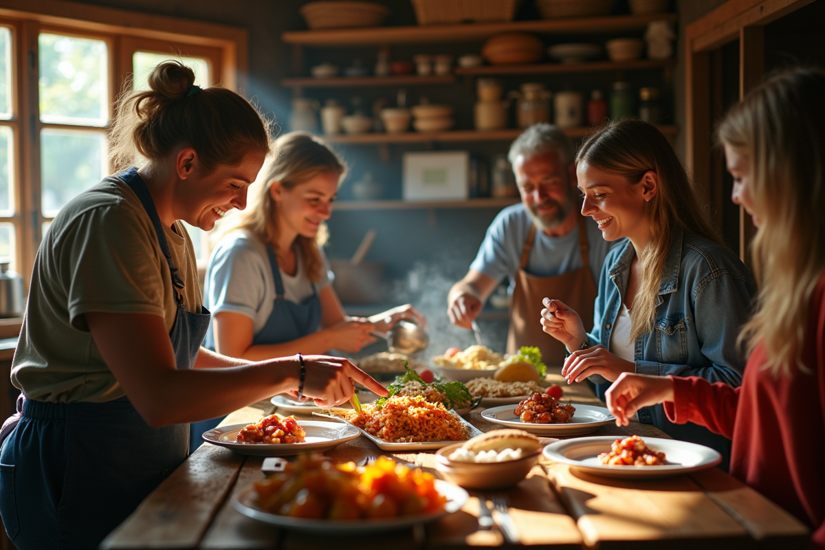Cuisine partagée dans une auberge rurale avec groupe préparant un repas