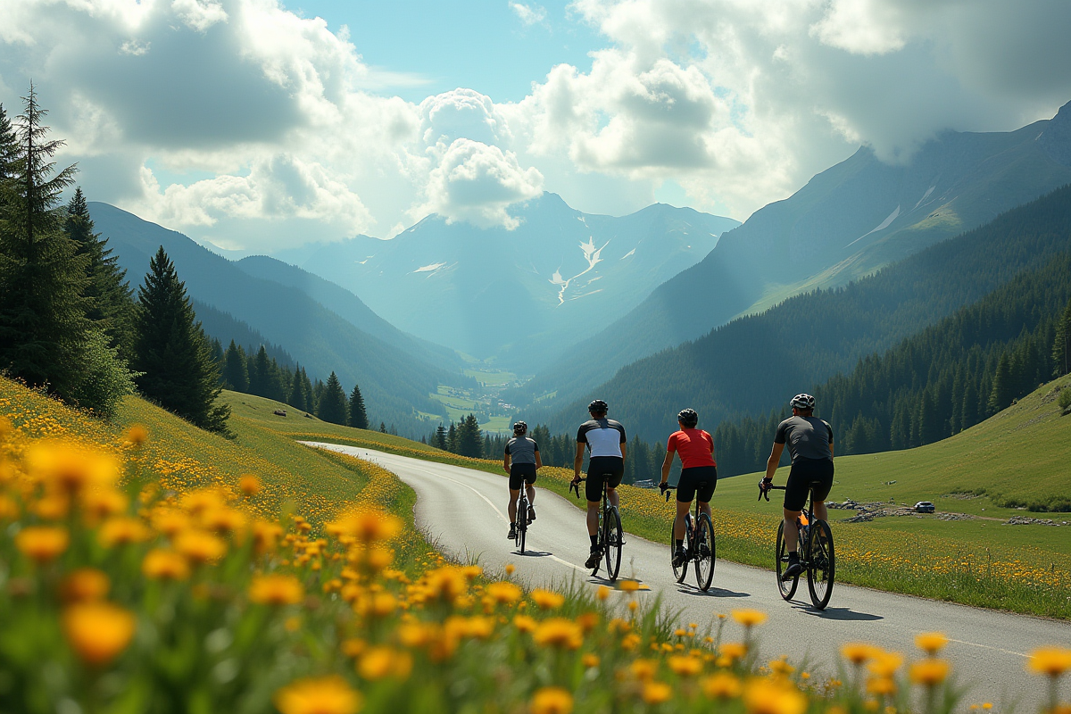 Groupe de cyclistes sur le Plateau de Beille en été avec fleurs sauvages