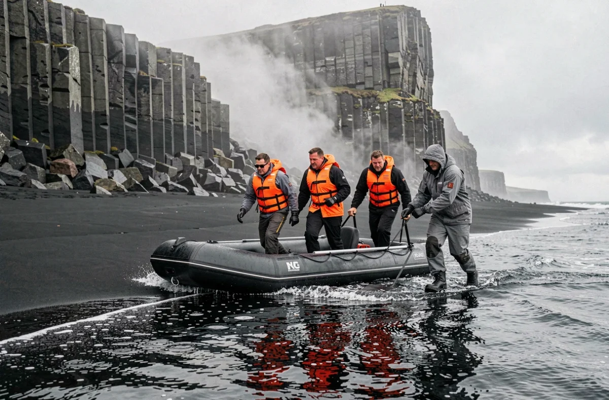 Passagers de croisière débarquant sur une plage de sable noir islandaise depuis un zodiac d'expédition