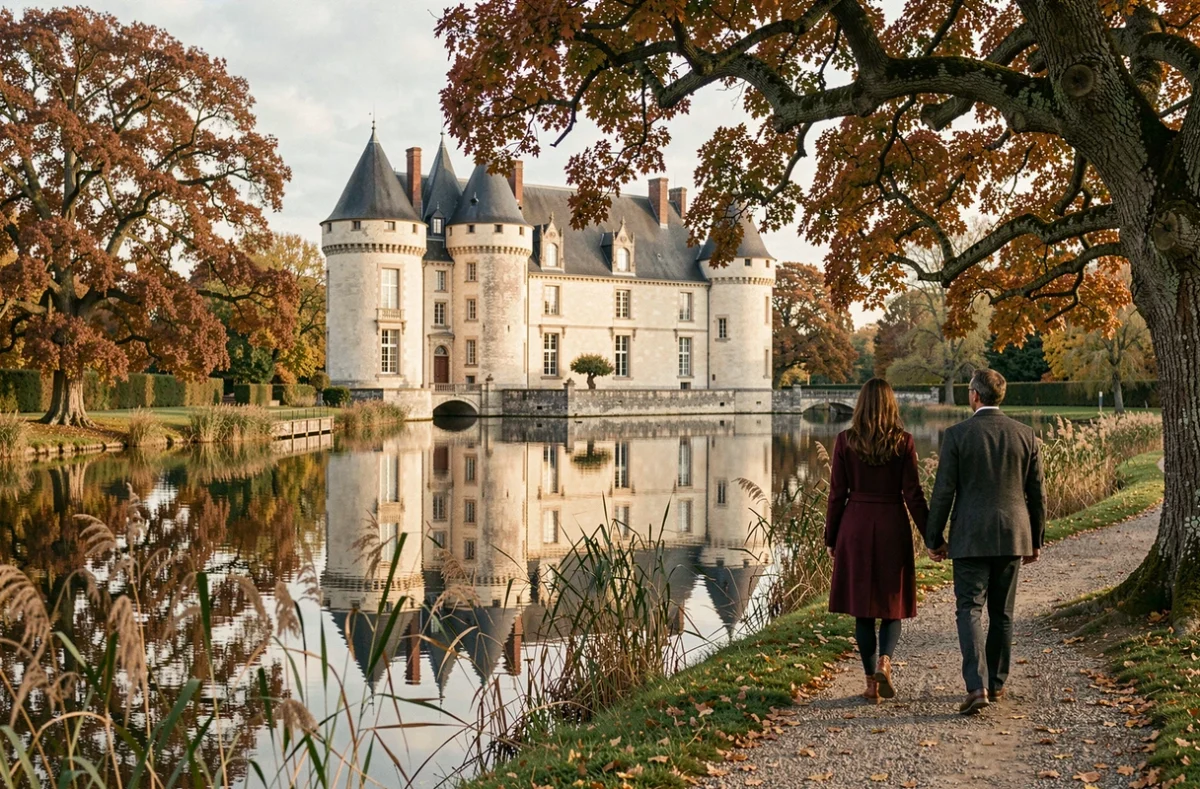 Château médiéval du Domaine de la Bretesche à Missillac reflété dans les eaux du lac