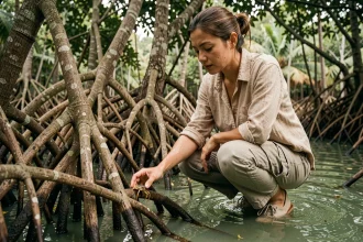 Voyageuse écotouriste observant la faune d'une mangrove tropicale lors d'un voyage responsable