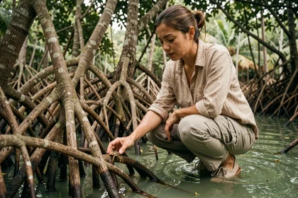 Voyageuse écotouriste observant la faune d'une mangrove tropicale lors d'un voyage responsable