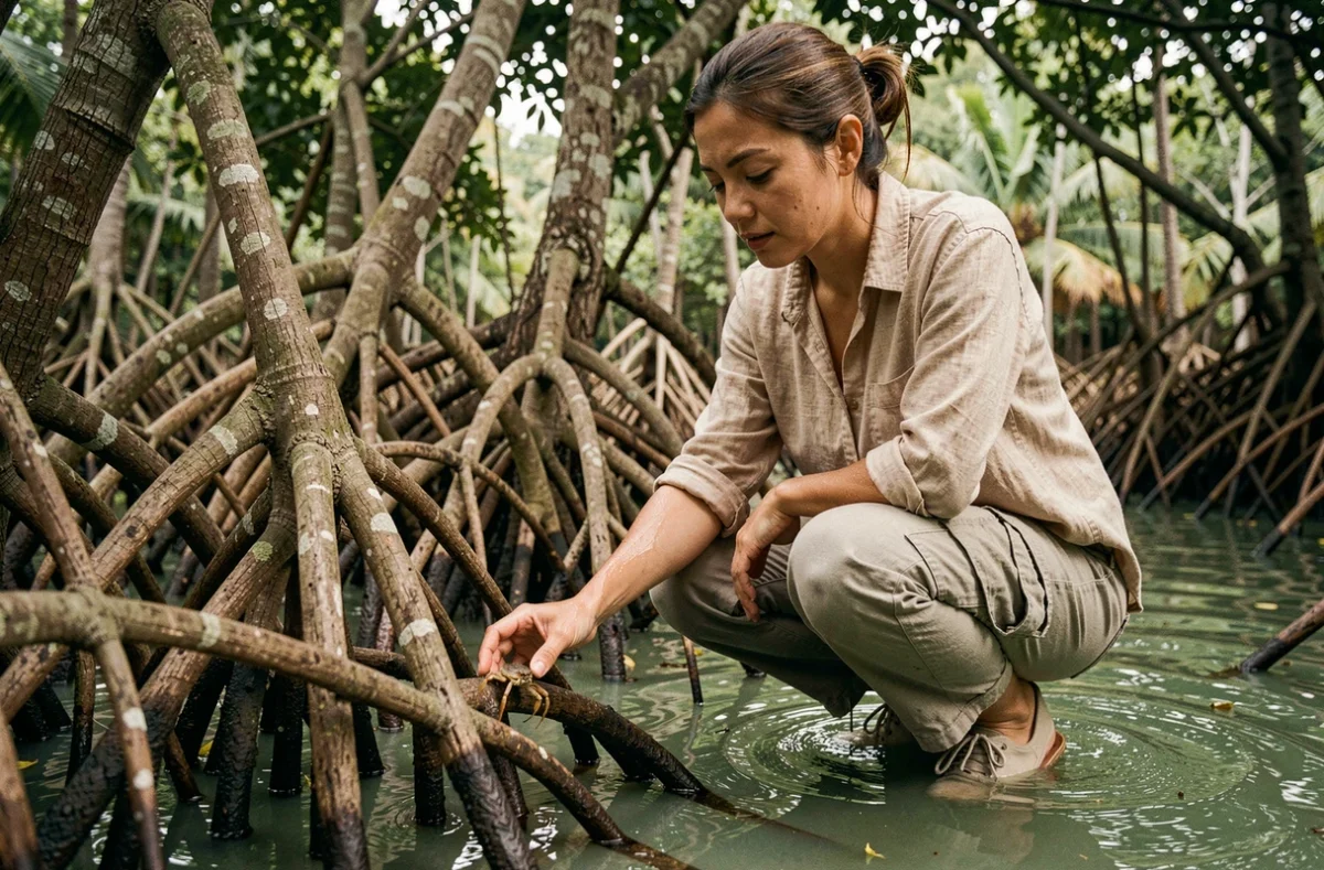 Voyageuse écotouriste observant la faune d'une mangrove tropicale lors d'un voyage responsable