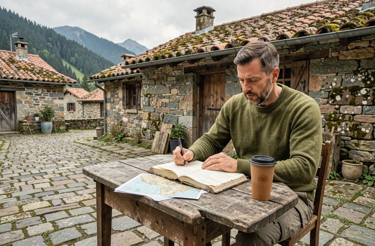 Voyageur écotouriste prenant des notes dans un village de montagne authentique lors d'un séjour responsable