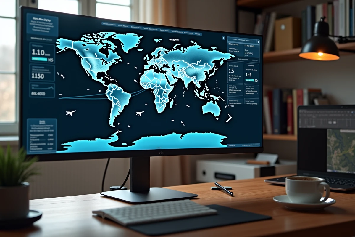 Écran d'ordinateur affichant un site de suivi de vols en temps réel avec carte mondiale et données d'altitude