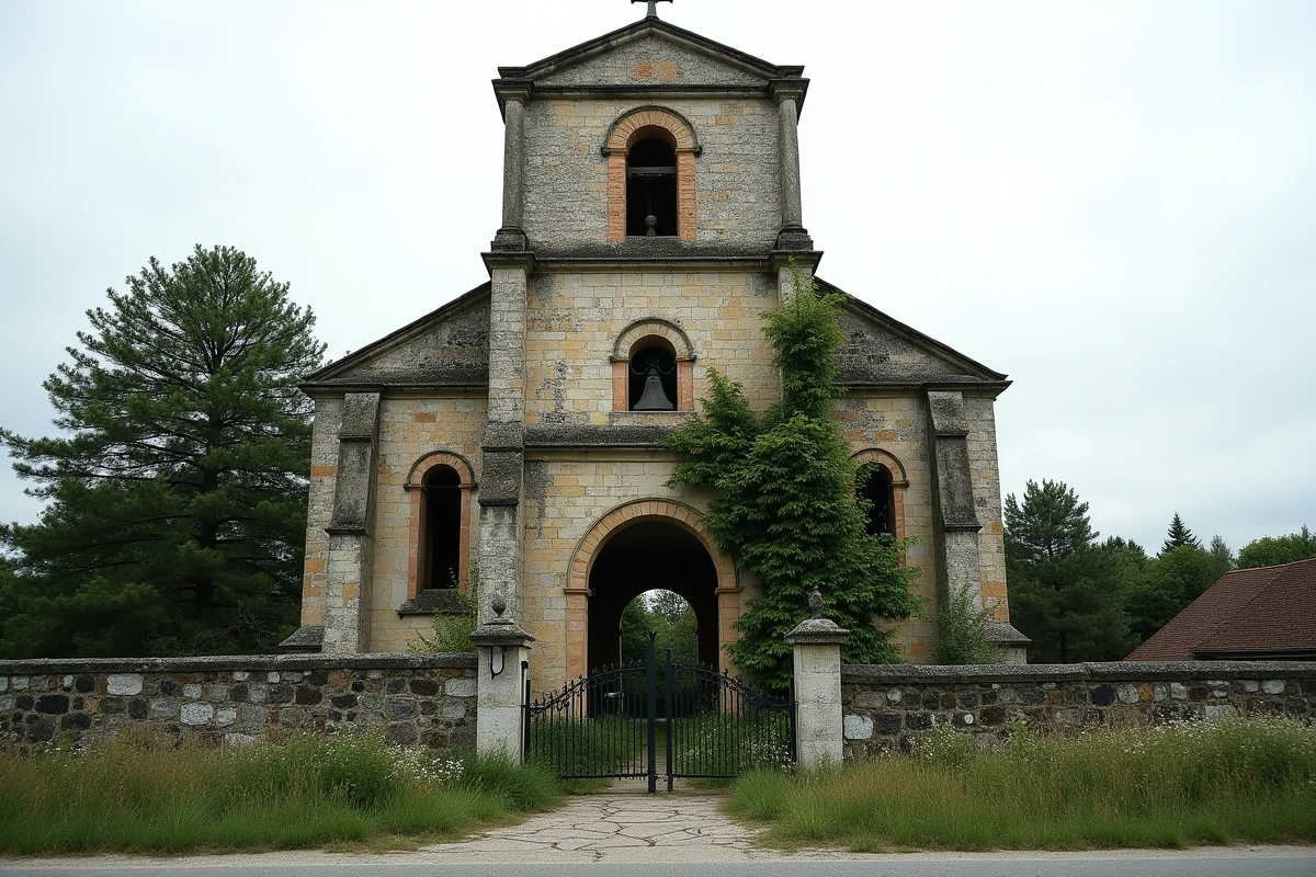 Église romane abandonnée dans un village désert en France photographiée depuis la voie publique
