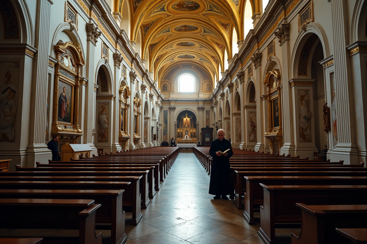 Intérieur baroque d'une église cachée de Naples avec fresques dorées et autels en marbre