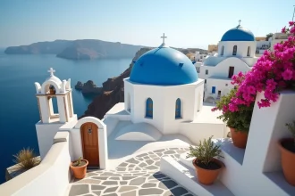 Église à dôme bleu d'Oia à Santorin avec vue sur la caldeira et ruelle pavée fleurie