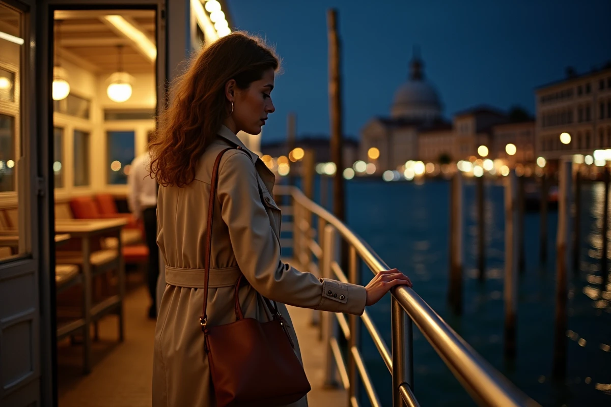 Femme montant à bord d'un vaporetto la nuit avec son ticket sur le Grand Canal de Venise