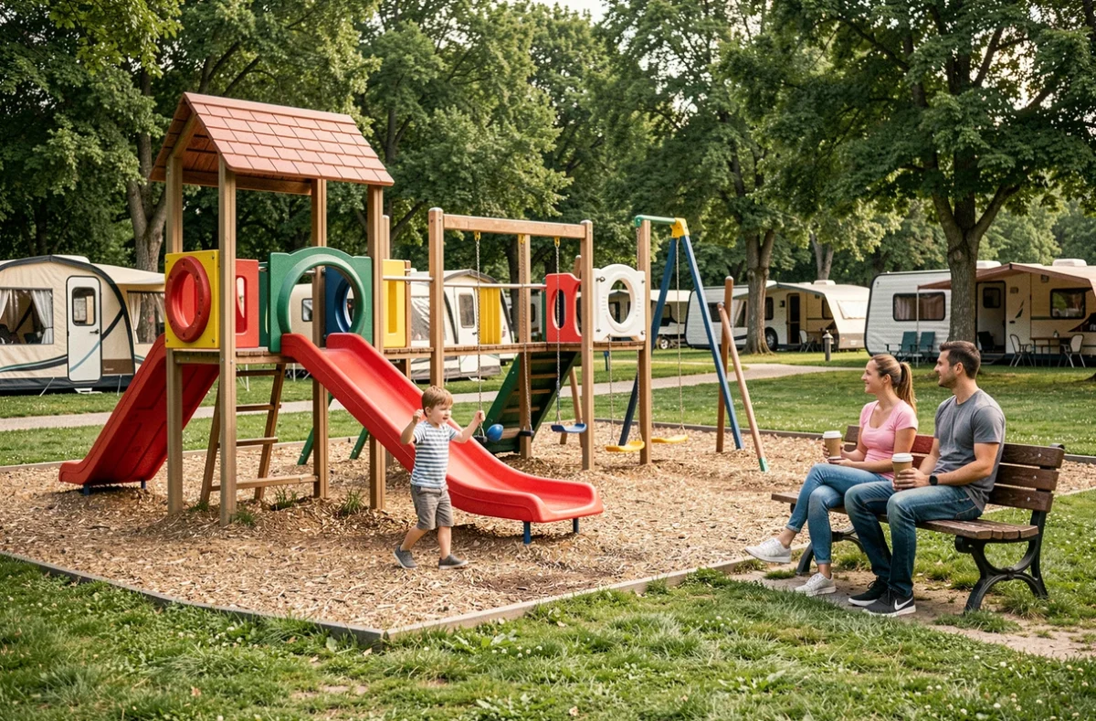 Enfants jouant en sécurité dans l'aire de jeux d'un camping de chaîne surveillé par leurs parents détendus