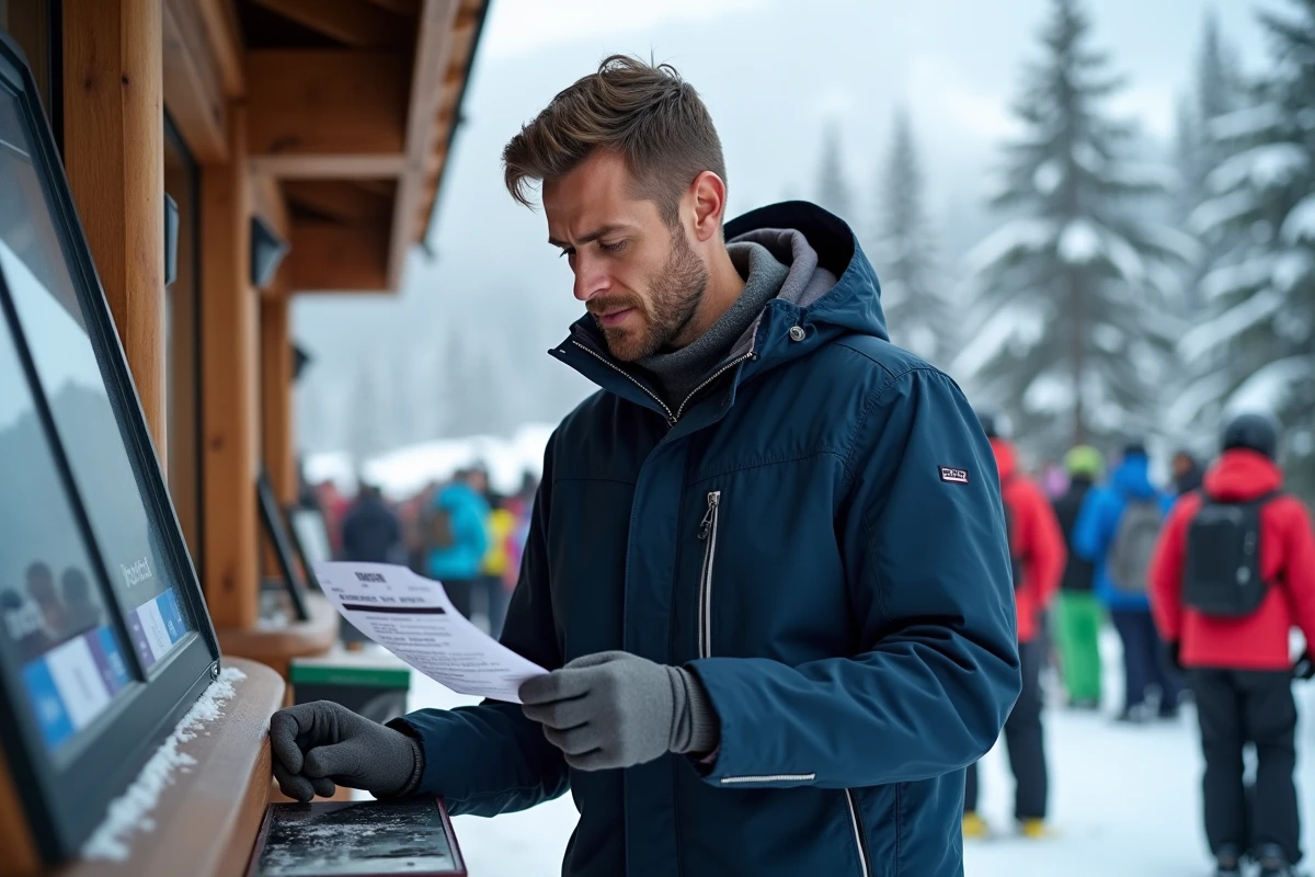 Skieur surpris devant un guichet de forfait de ski en train de vérifier une facture trop élevée dans une station alpine