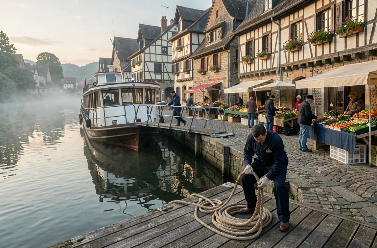 Bateau de croisière fluviale amarré à quai dans un village bourguignon au petit matin avec marché local