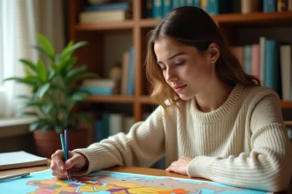 Jeune femme étudiant une carte géographique de l'Asie avec des notes manuscrites sur un bureau en bois
