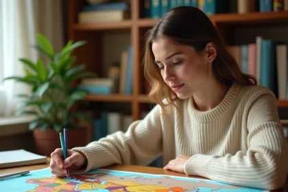 Jeune femme étudiant une carte géographique de l'Asie avec des notes manuscrites sur un bureau en bois