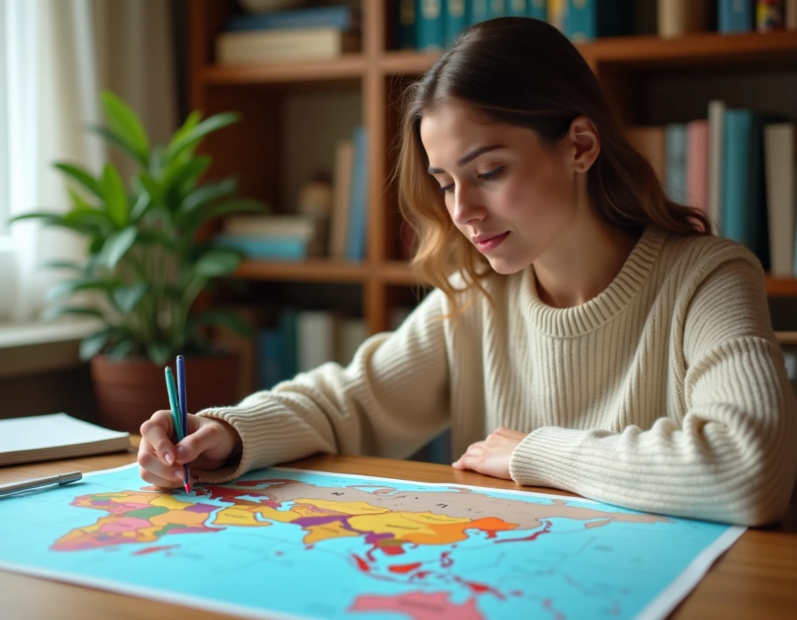 Jeune femme étudiant une carte géographique de l'Asie avec des notes manuscrites sur un bureau en bois