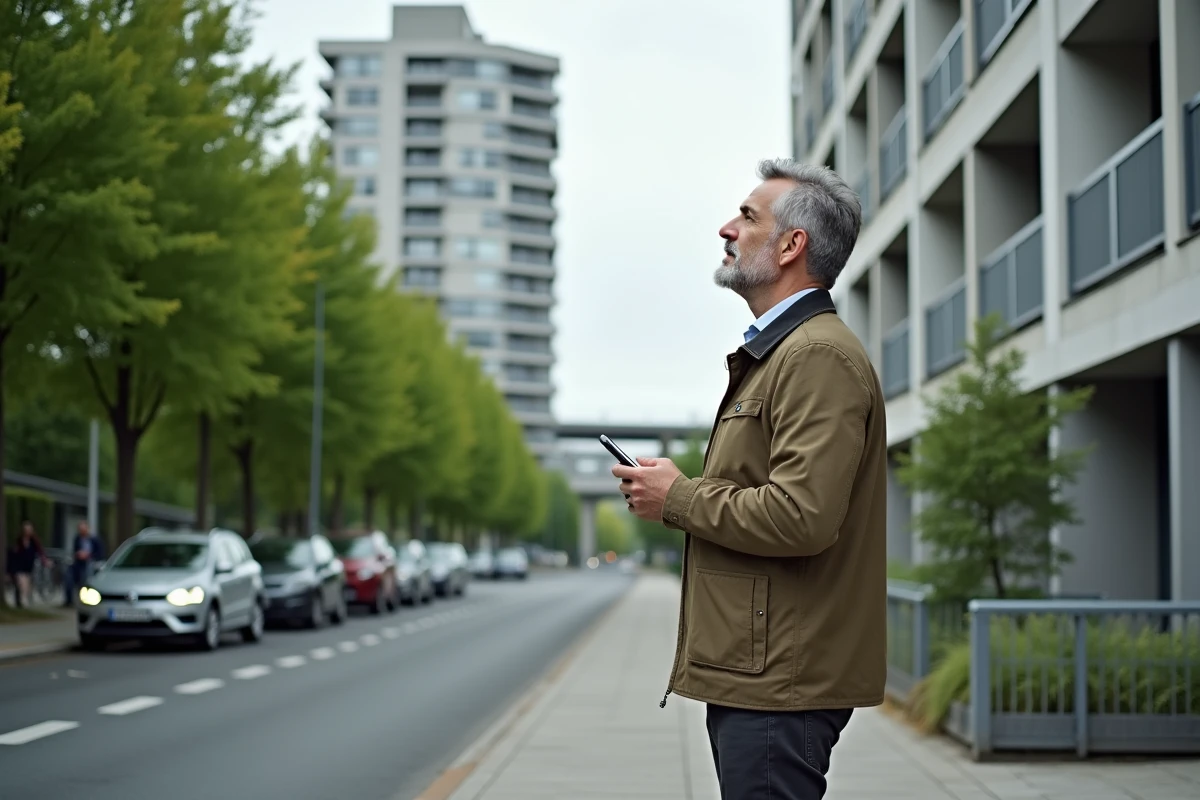 Homme évaluant un immeuble résidentiel dans le quartier de Rodange avant de déménager au Luxembourg