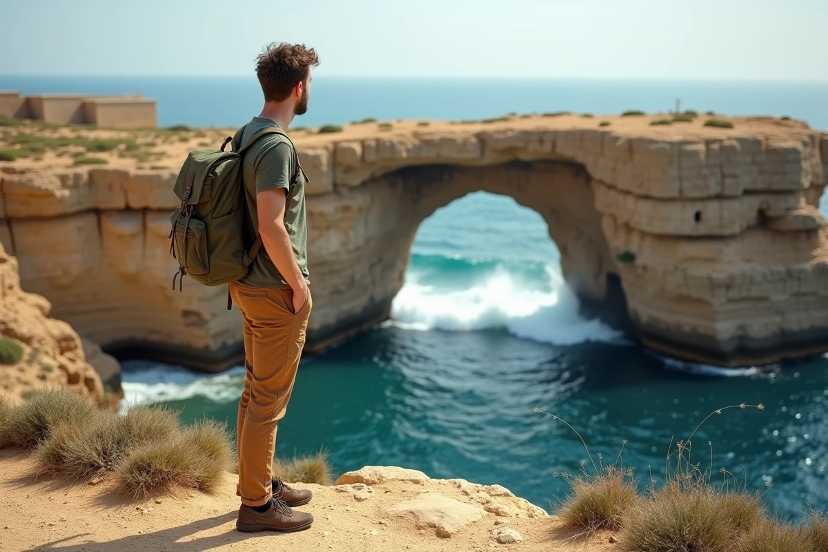 Voyageur solitaire contemplant les falaises côtières de Dwejra à Gozo Malte avec vue sur la mer Méditerranée turquoise