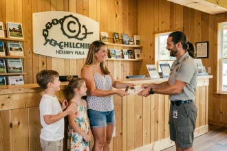 Famille avec enfants à l'accueil d'un camping de chaîne reconnu, ambiance rassurante et accueil professionnel