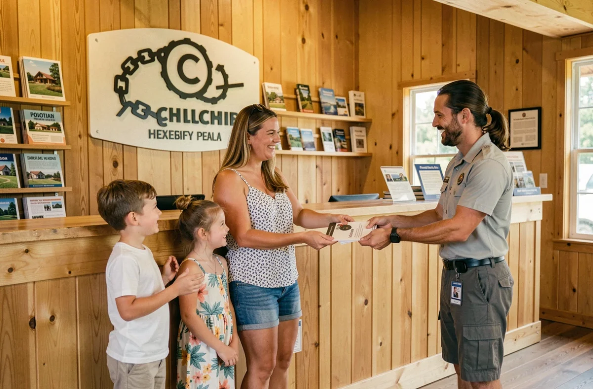Famille avec enfants à l'accueil d'un camping de chaîne reconnu, ambiance rassurante et accueil professionnel