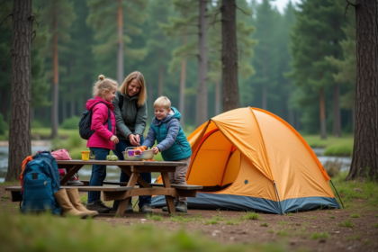 Famille avec enfants autour d'une tente en forêt