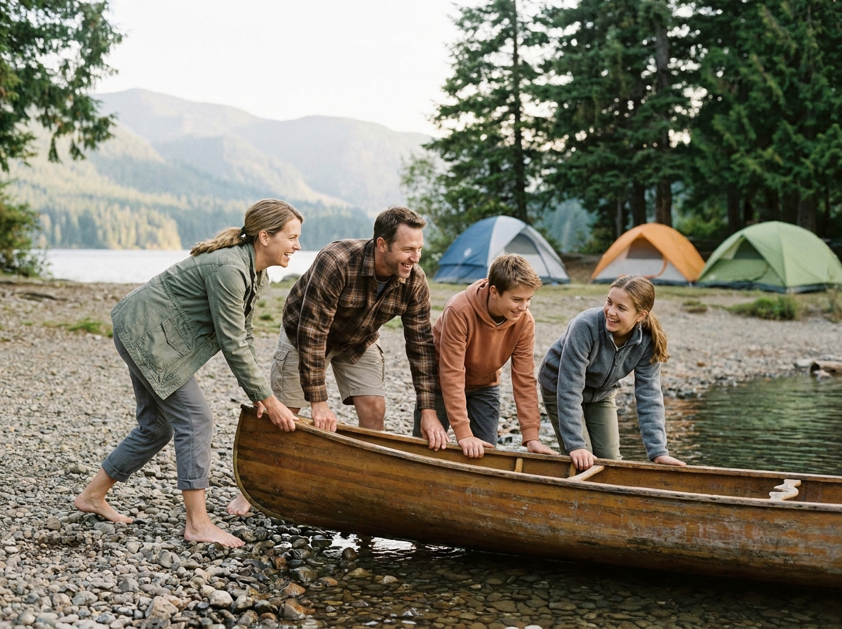 Famille lançant un canoë en bois depuis la rive d'un lac en montagne, camping sous les épicéas en arrière-plan