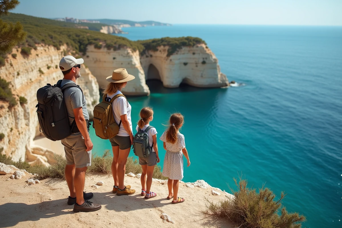 Famille contemplant la mer Adriatique depuis les falaises calcaires des Pouilles