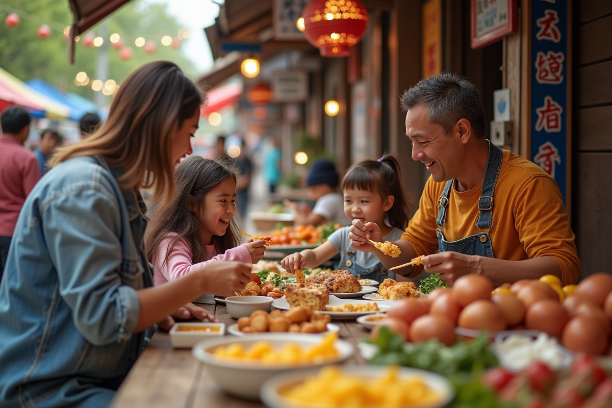 Famille multiculturelle dégustant des plats au marché
