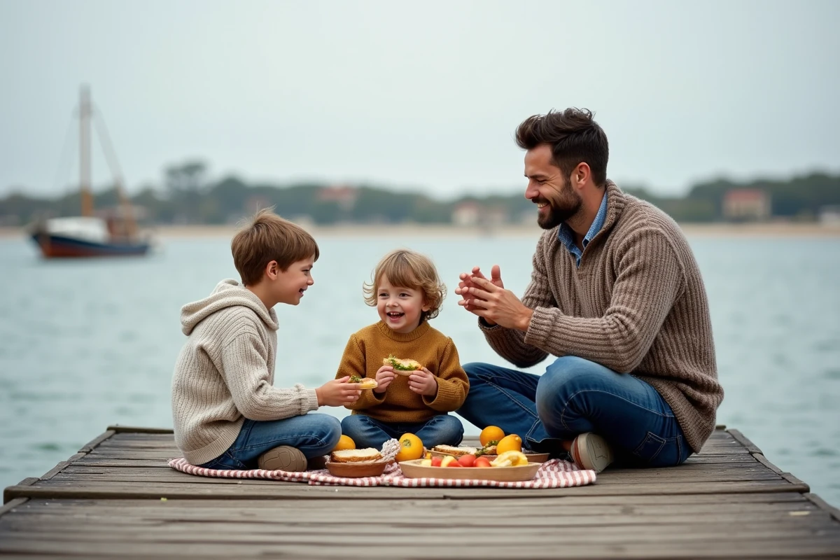 Famille profitant d un pique nique sur le pont en bois à Arcachon