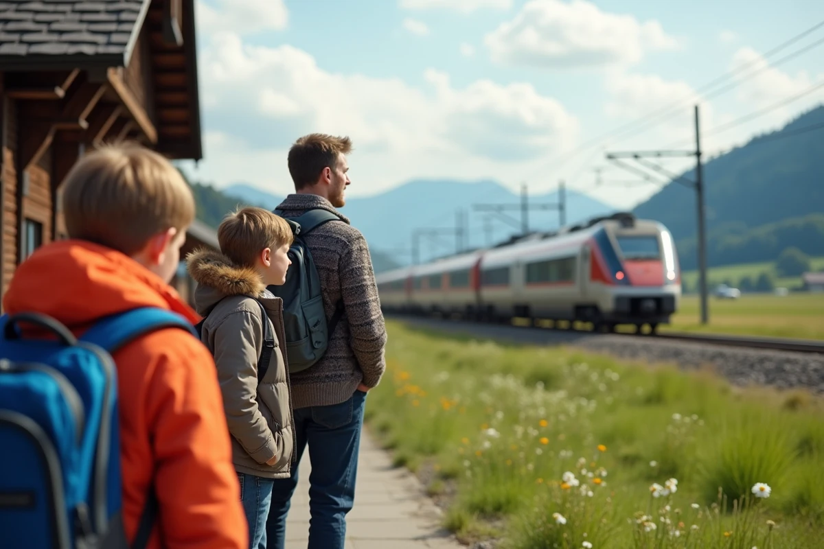 Famille attendent un train panoramique en Suisse rurale