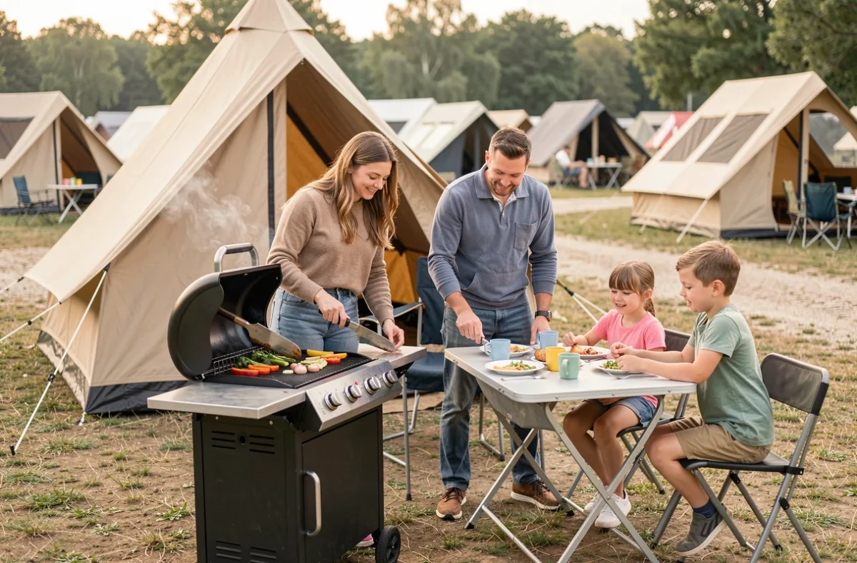 Famille préparant un repas sur un emplacement soigné d'un camping de chaîne, atmosphère conviviale et sécurisée