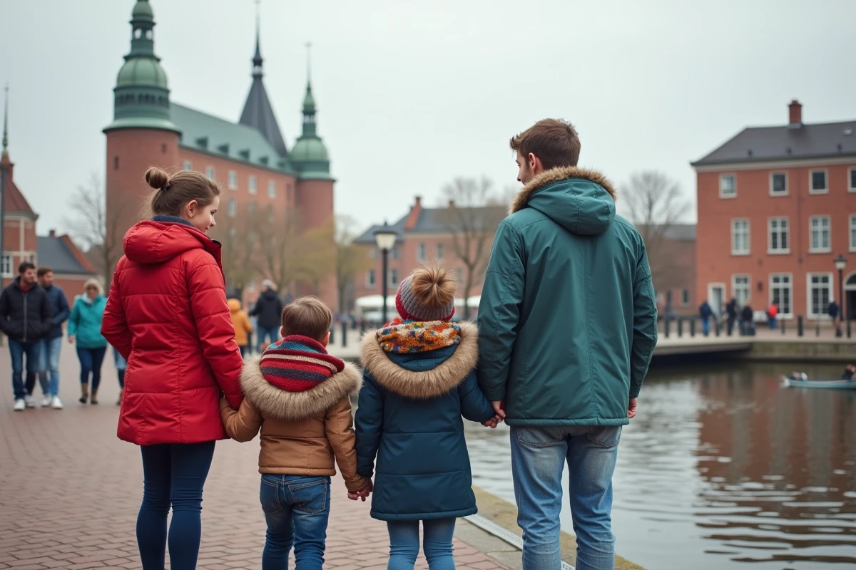 Famille souriante au bord de la rivière à Lübeck