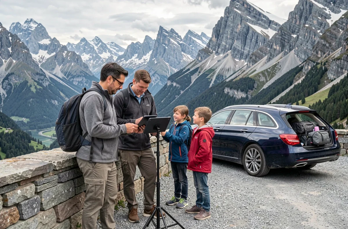 Famille en road trip dans les Alpes françaises consultant ViaMichelin sur tablette lors d'une pause panoramique en montagne